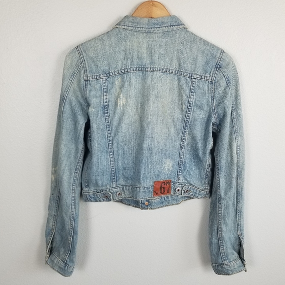 Polo Jeans Co Ralph Lauren Y2K Distressed Cropped Blue Denim Trucker Jacket Sz M - Picture 9 of 12